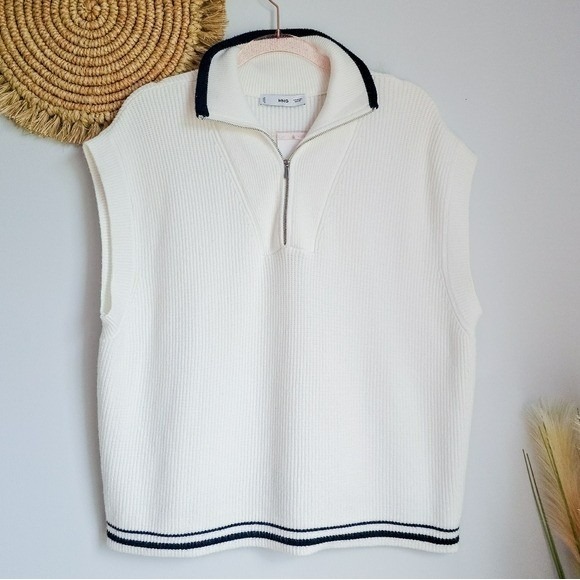 Mango Sweaters - Mango MNG New White Stripe Preppy 1/2 Zip Collar Sweater Vest SZ XXL 90s Preppy